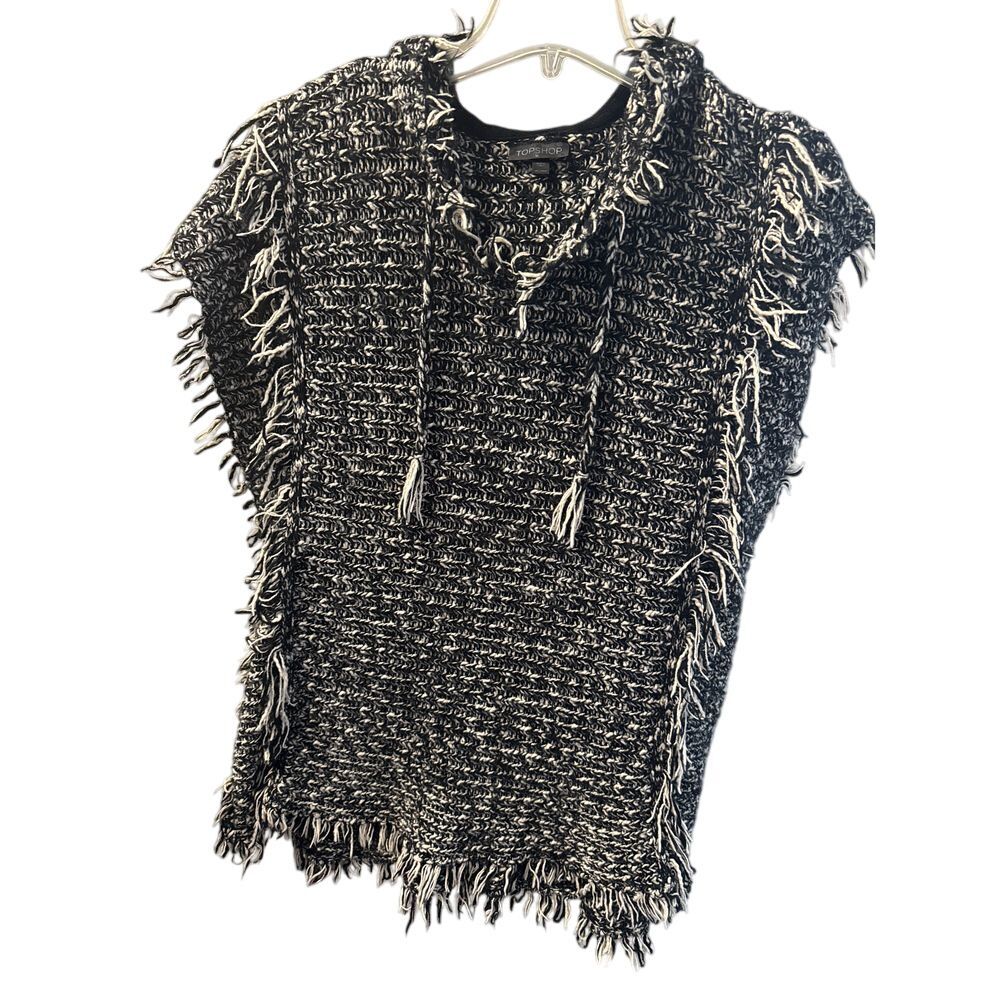 Topshop Black And White Fringe Longline Knit BOHO Hooded Hippie Tunic sz M 8-10
